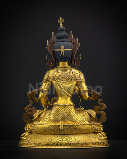 Back view of Vajrasattva statue highlighting patterned lower garments 