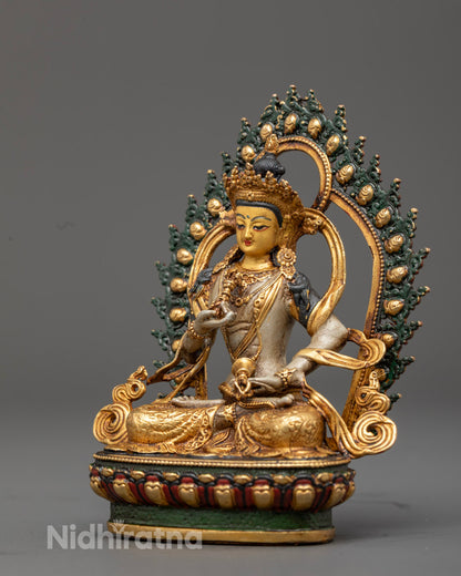 Vajrasattva Statue on lotus throne, showcasing intricate carvings, rich acrylic colors, and sacred mantra chamber