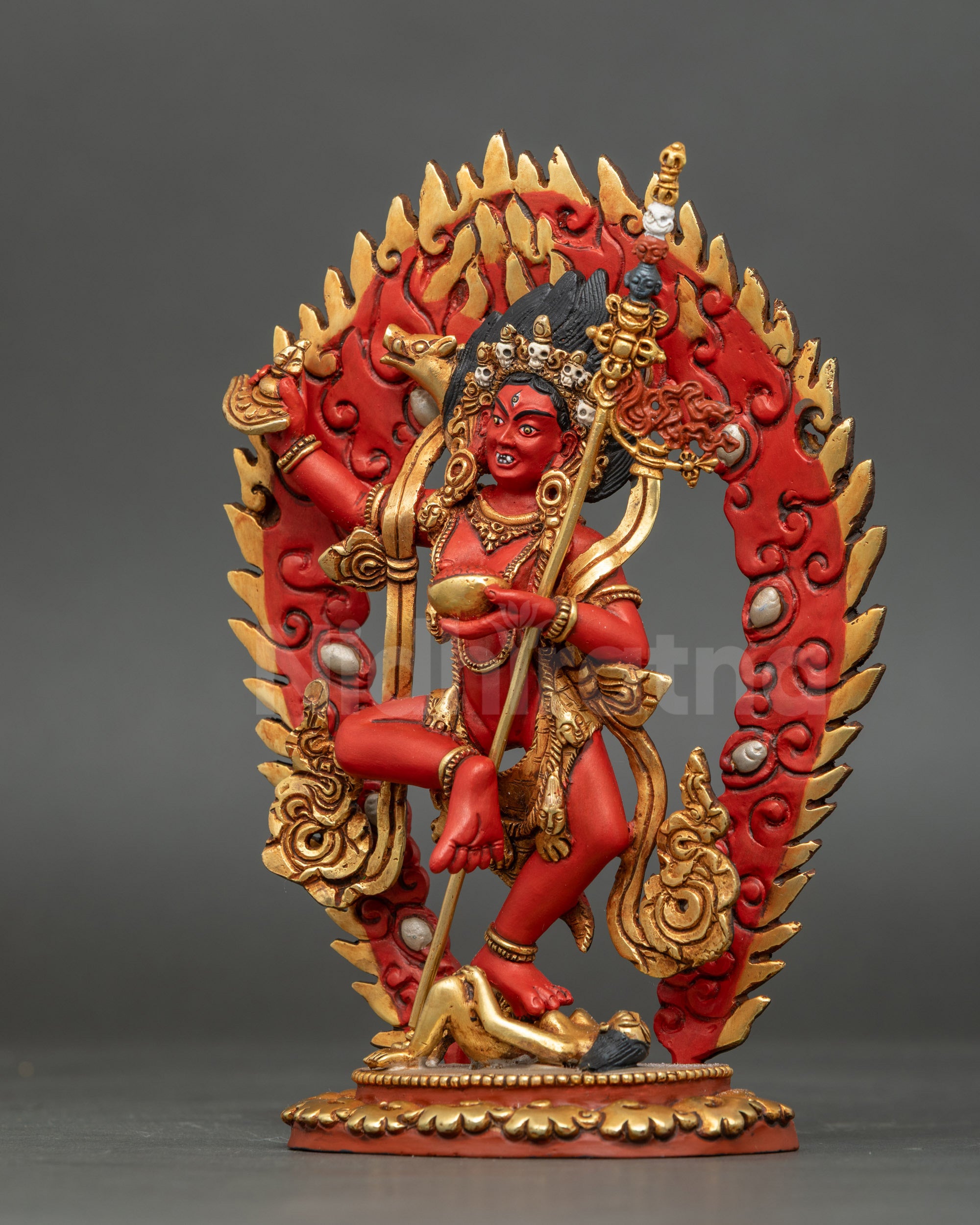 Vajravarahi Side Detail Crushing Evil Deity on Lotus with Kapala and Kartika Knife
