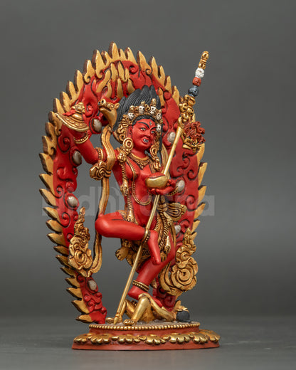 Vajravarahi Statue Face Detail Red-Hued Copper Painted with Gold and Acrylic
