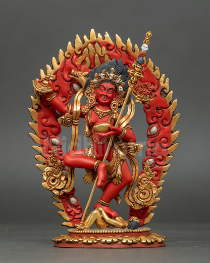 Vajravarahi Statue Nepalese Copper Sculpture Red-Hued Standing on Lotus with Halo
