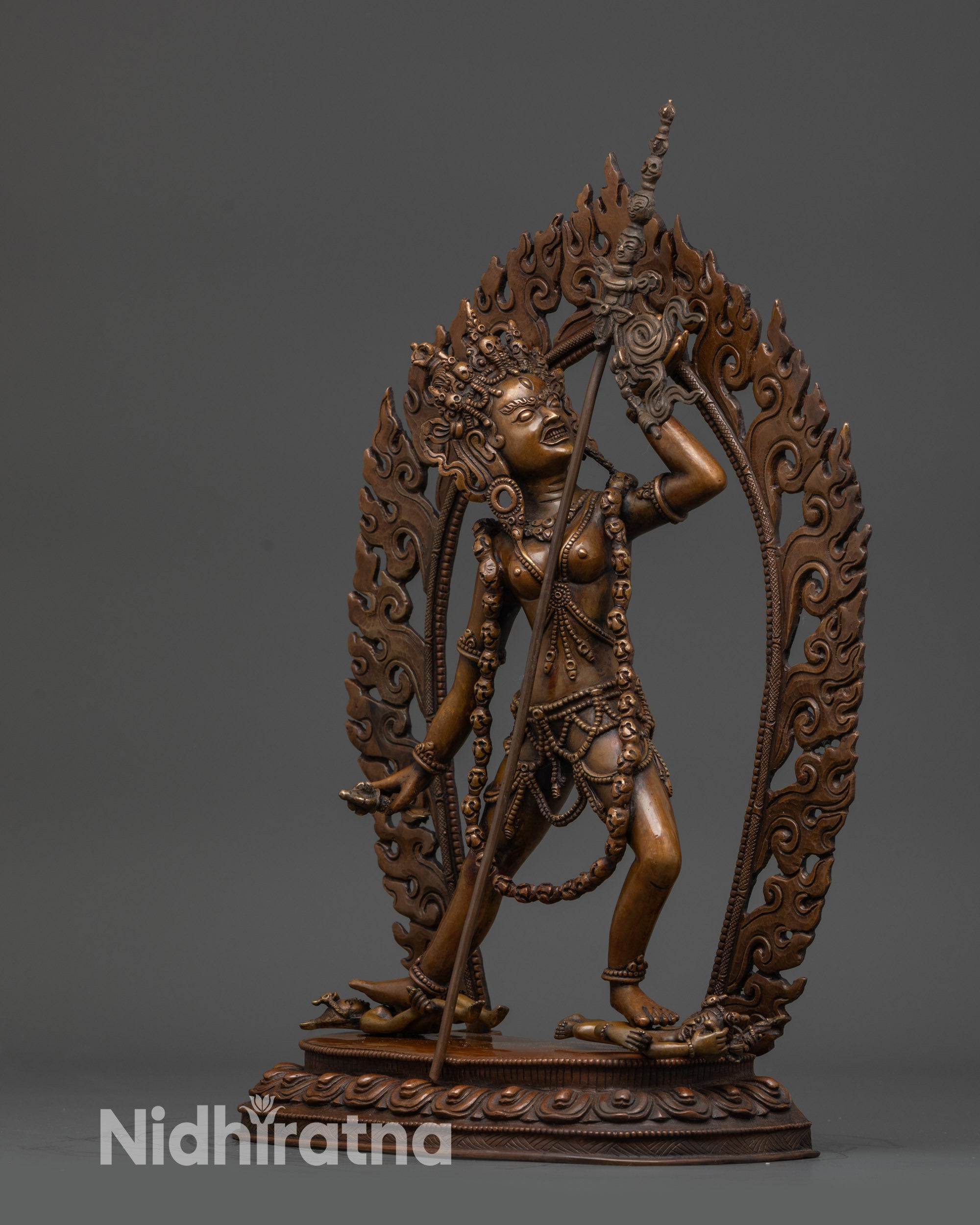 Vajrayogini oxidized copper statue left view side kartika knife skull cup tantric deity

