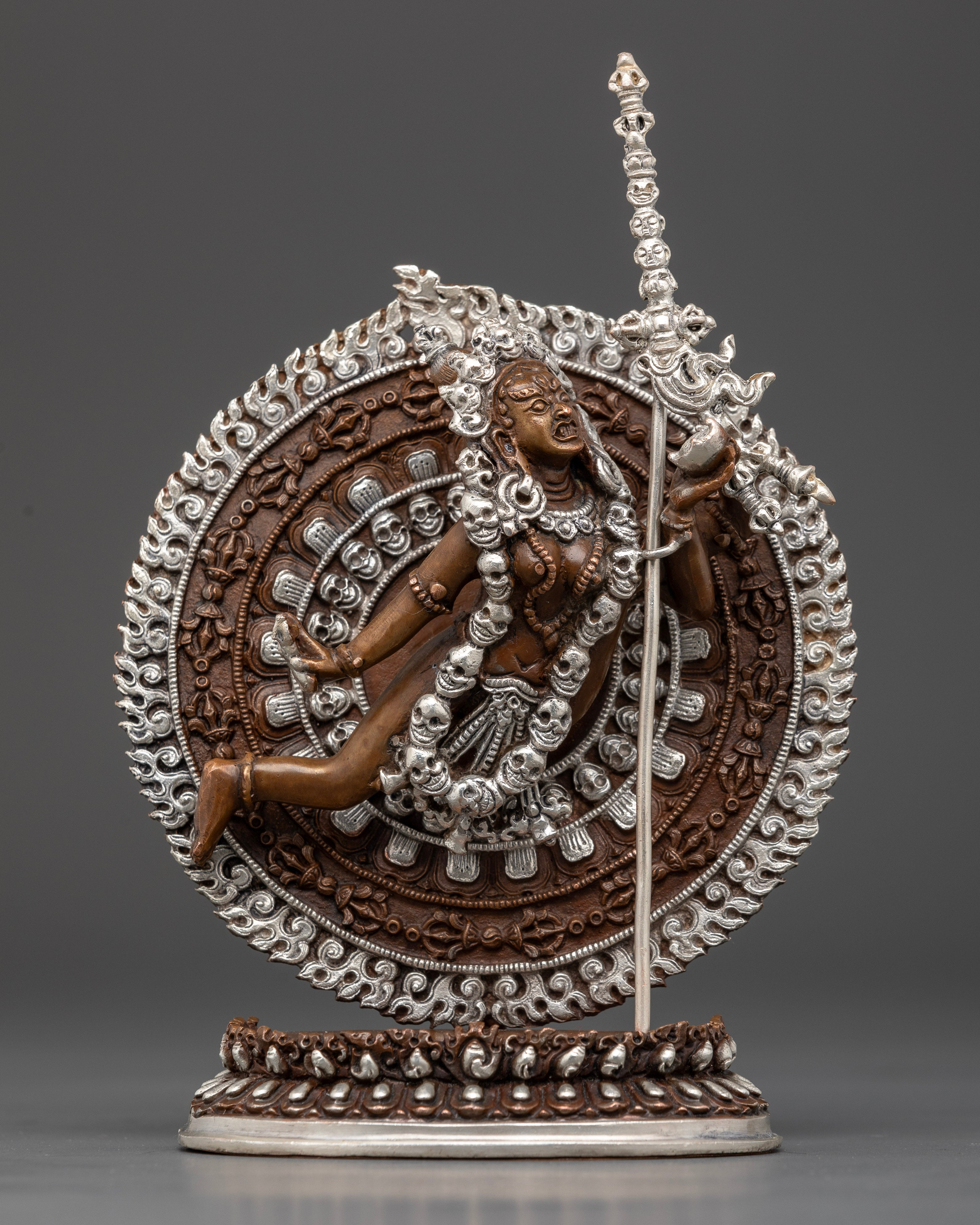 Vajrayogini statue for home altar, silver-plated Nepalese Buddhist lost-wax artwork