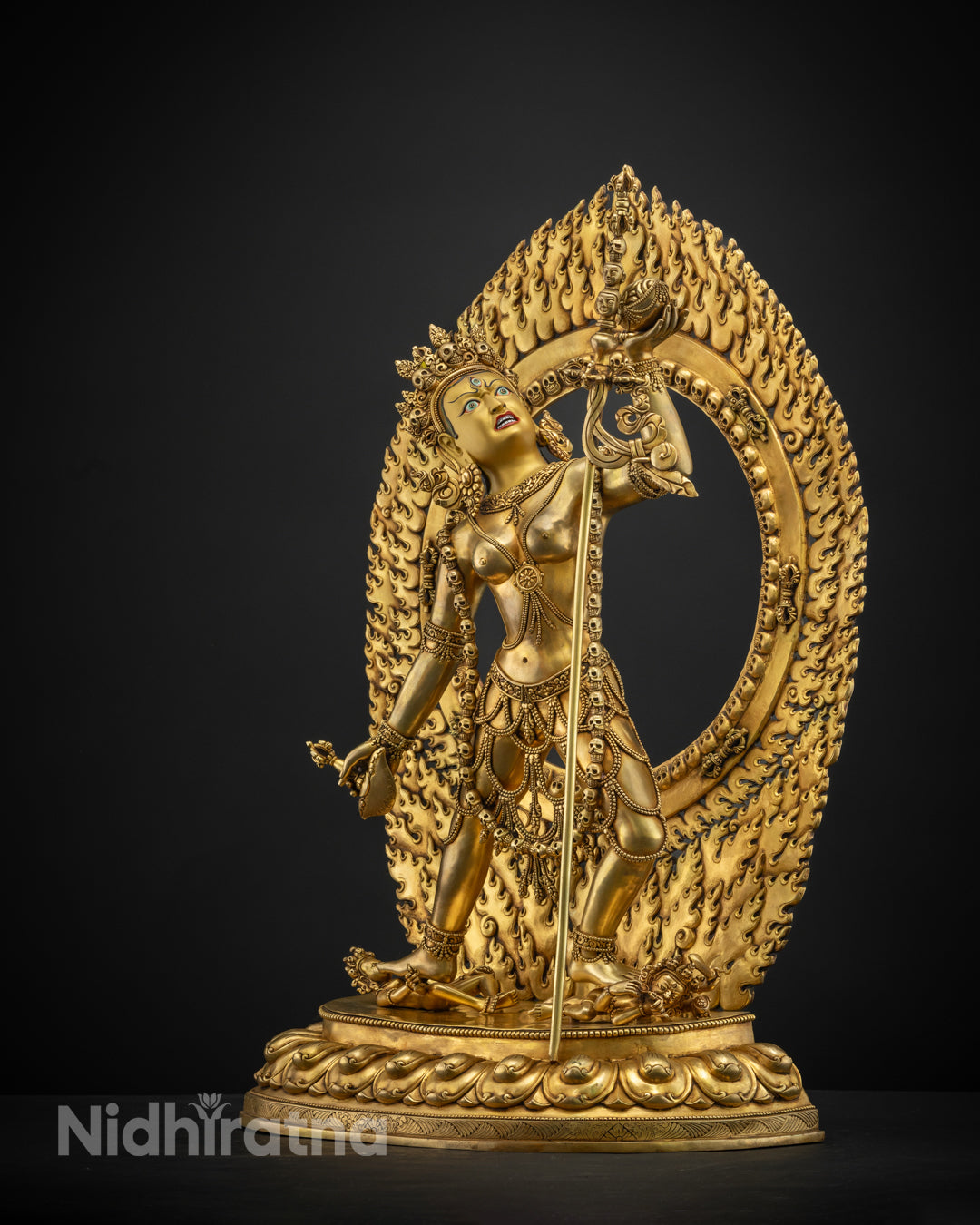 Vajrayogini statue placed on a spiritual altar, radiating divine energy and used for prayer, offerings, and Highest Yoga Tantra meditation practices.