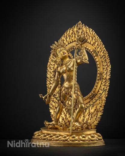 Vajrayogini statue placed on a spiritual altar, radiating divine energy and used for prayer, offerings, and Highest Yoga Tantra meditation practices.