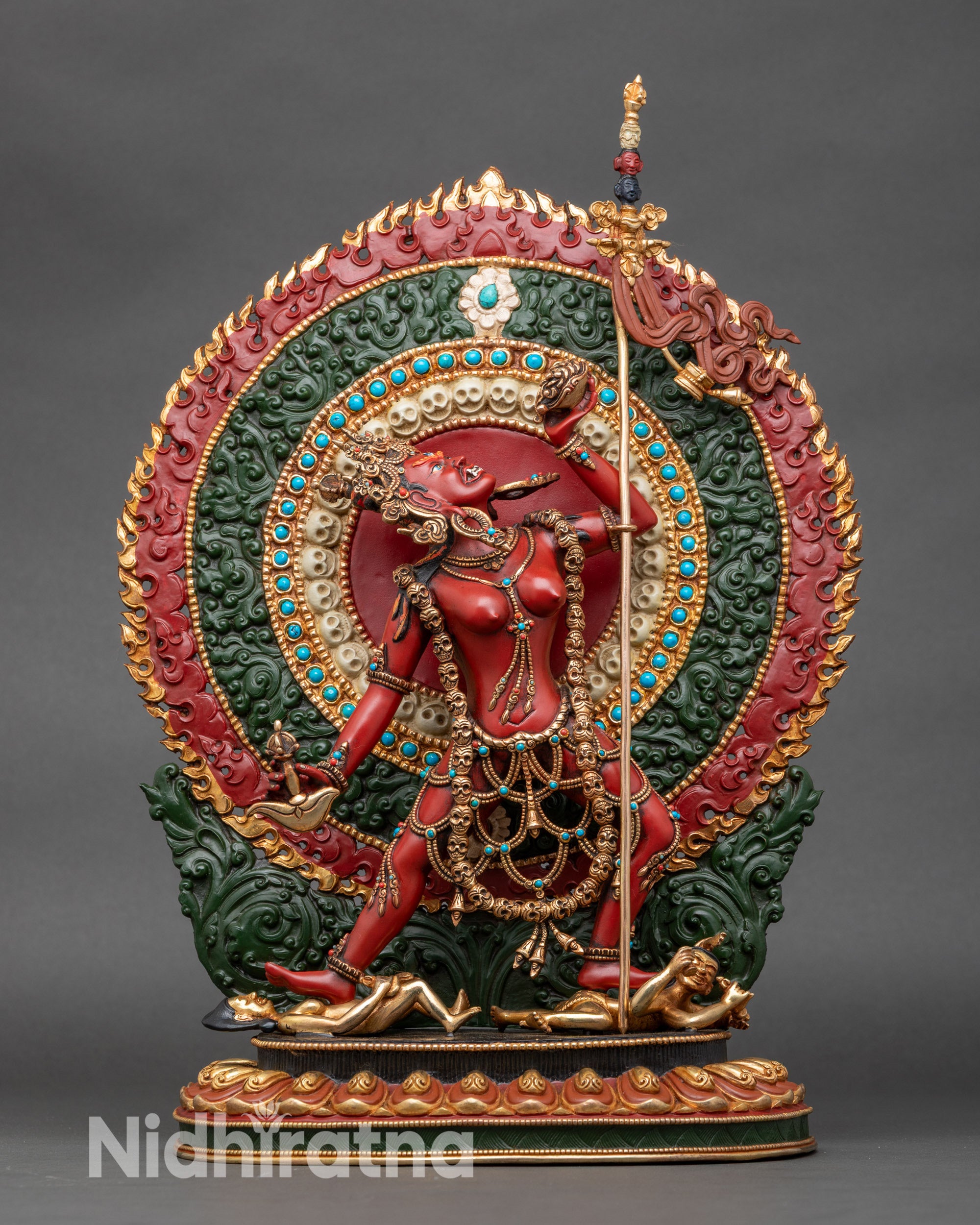 Vajrayogini statue standing on lotus, handcrafted Nepalese copper Buddhist art