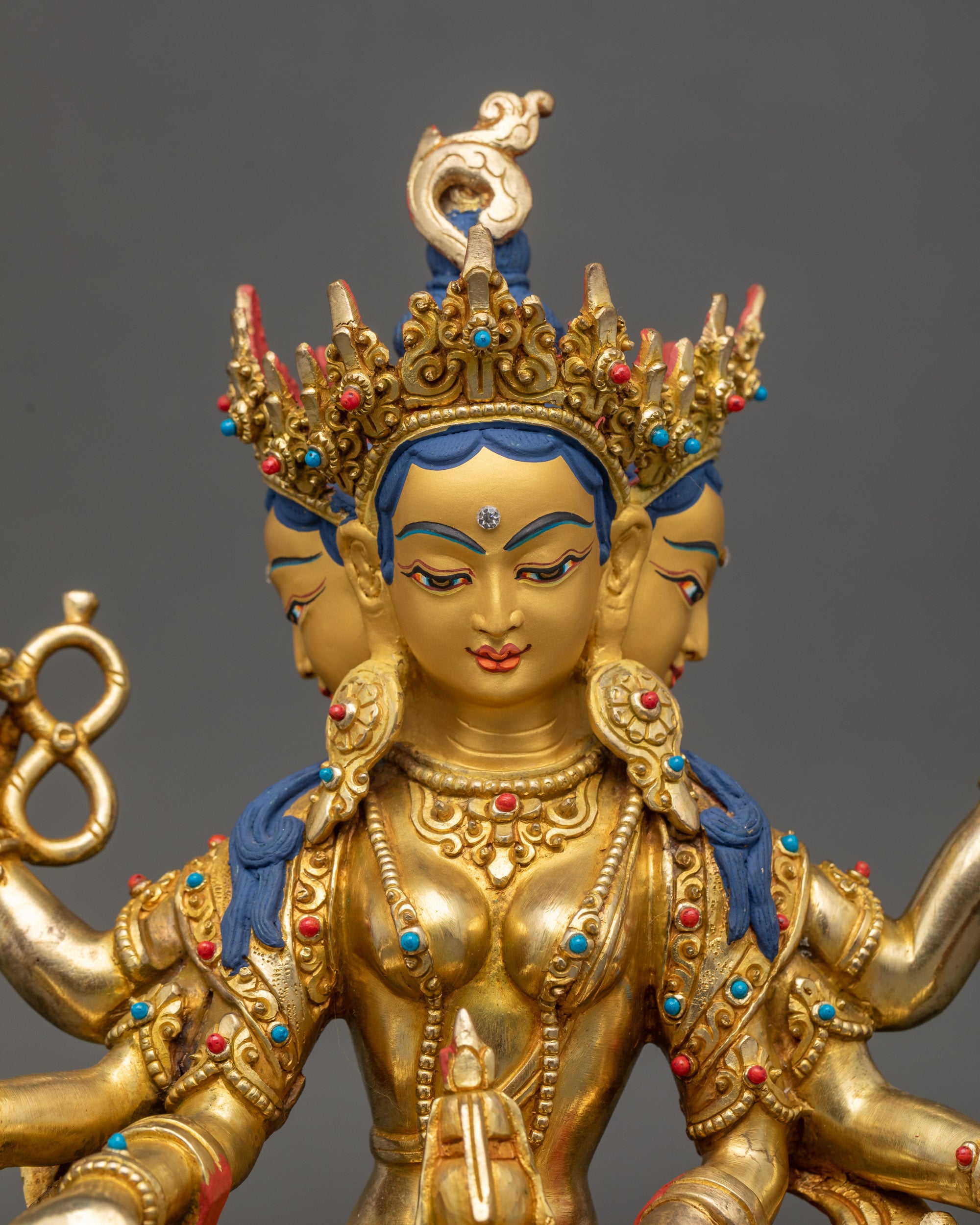 Vasudhara Golden Tara Statue close up showing intricate ornaments and gilding