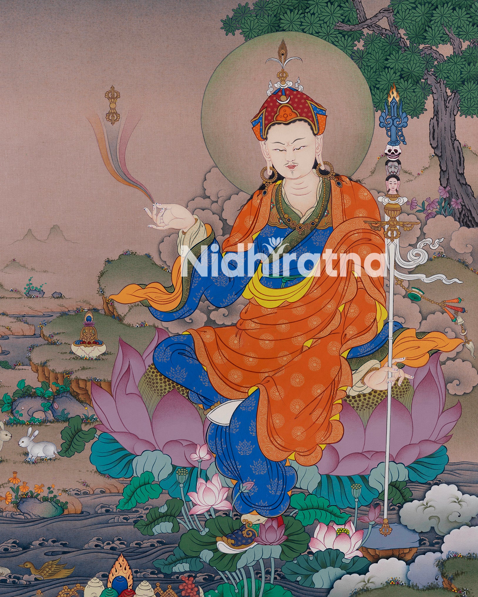 Vibrant Guru Padmasambhava thangka surrounded by peaceful nature.