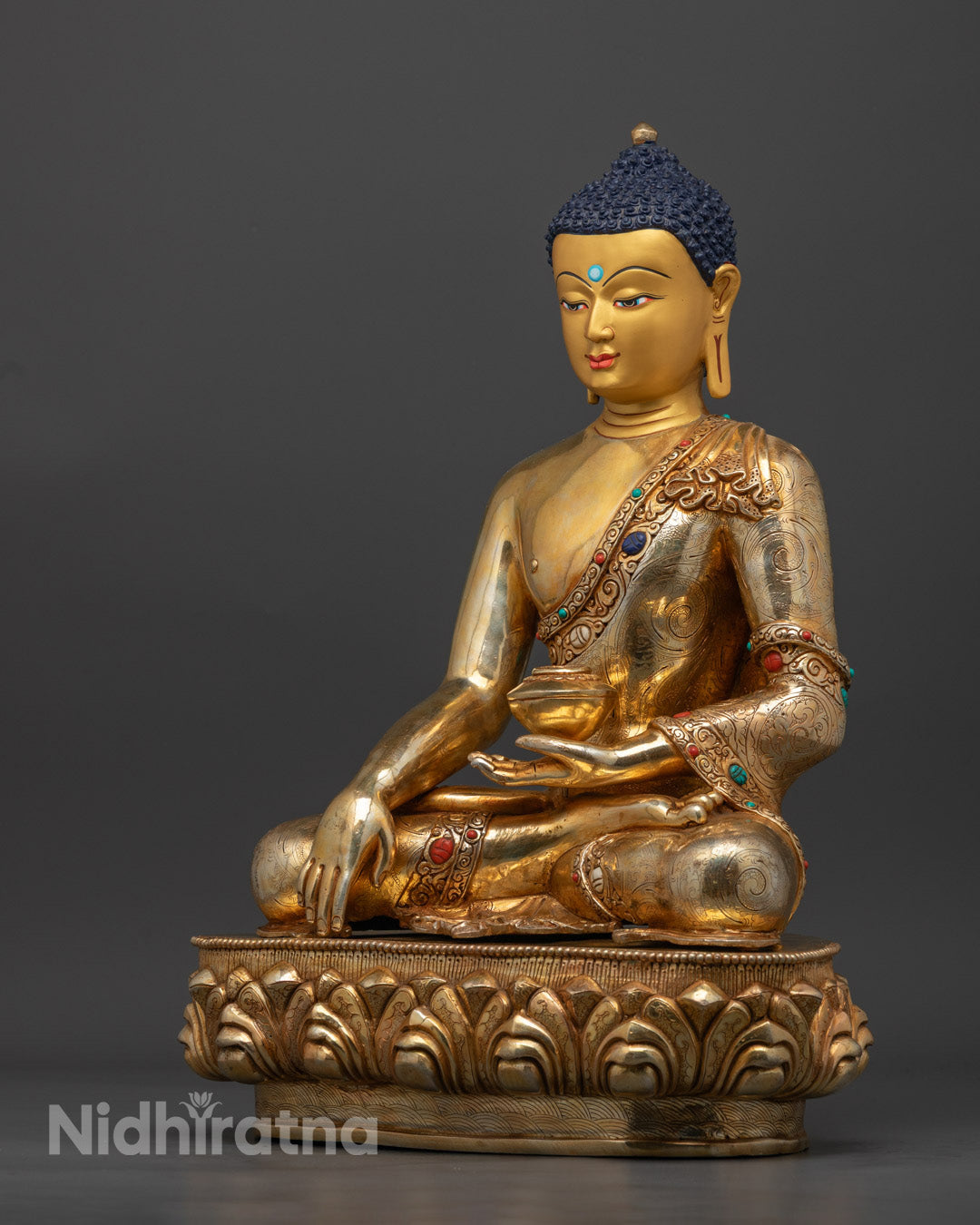 Vibrant acrylic colors decorating Shakyamuni Buddha and disciples, symbolizing spiritual guidance and protection