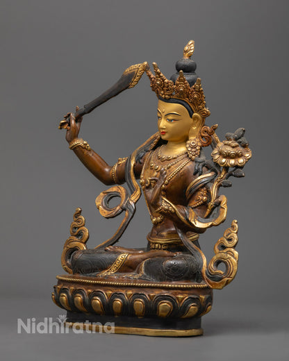 Vibrant acrylic colors enhancing the exquisite design and spiritual symbolism of the handcrafted Himalayan Manjushri Bodhisattva statue