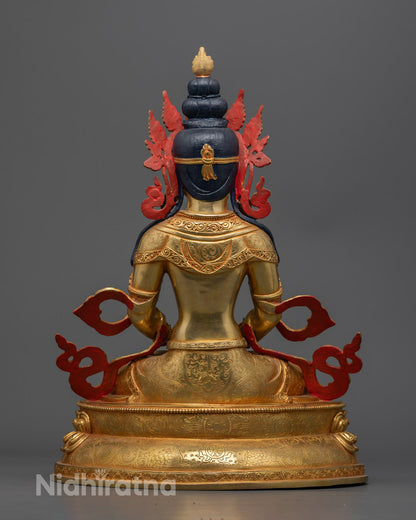 Vibrantly colored Amitayus Statue painted with acrylics, highlighting the detailed craftsmanship and semi-precious stone adornments.