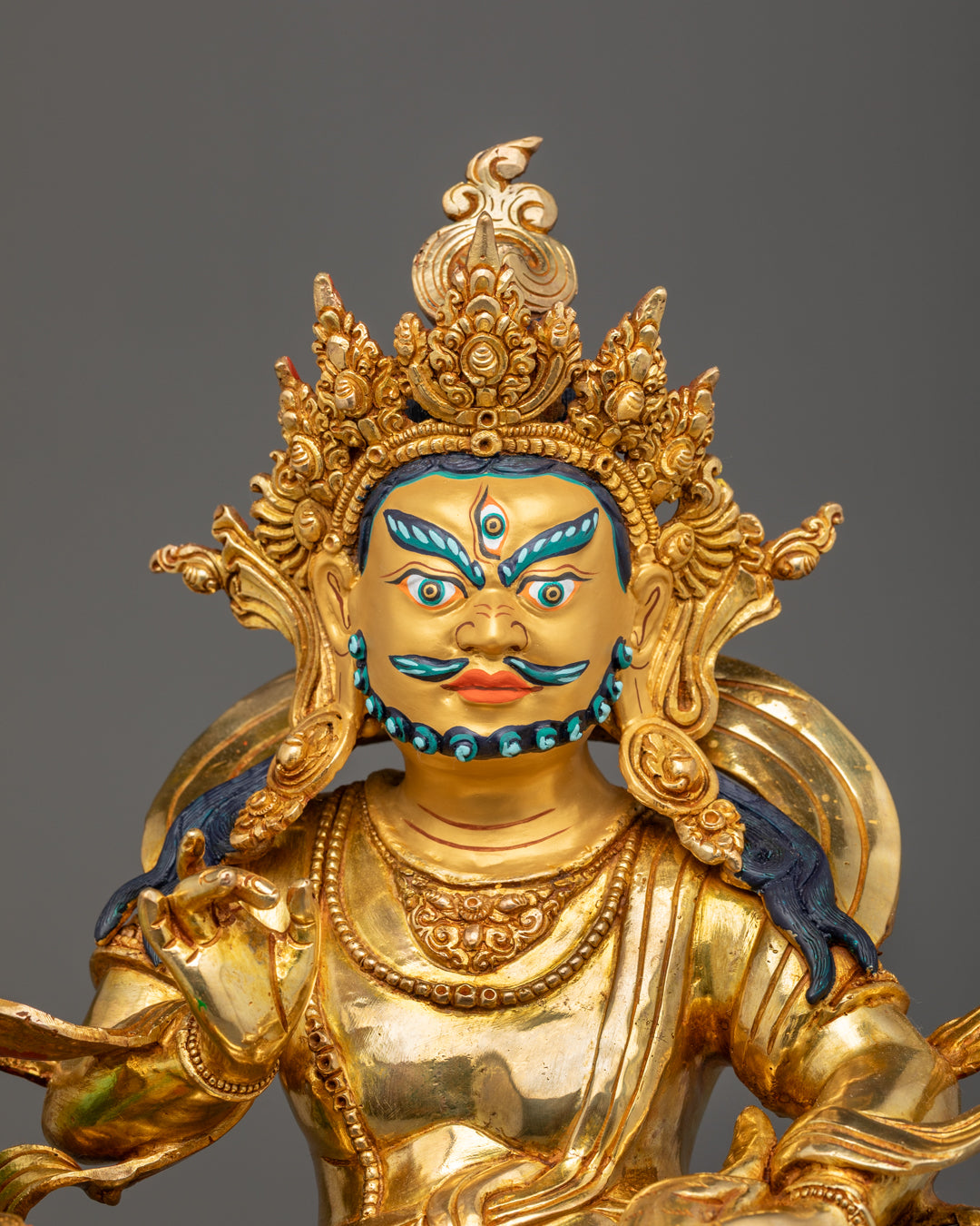 Wealth Deity Namtoshe statue seated on snow lion atop lotus throne, crafted with gold fire-gilded body and intricate acrylic color carvings.