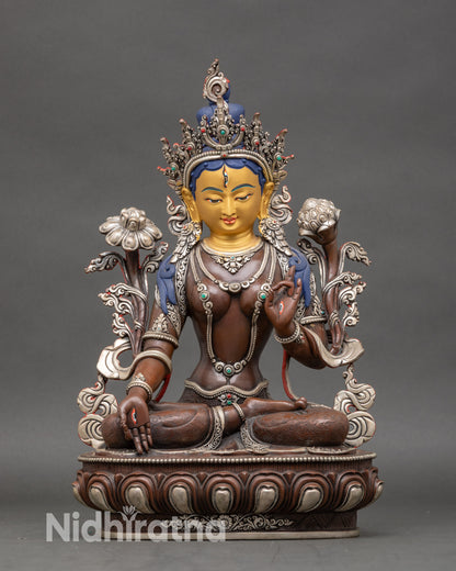 White Tara Statue for altar handcrafted Nepalese Buddhist sculpture silver plated 24K gold face