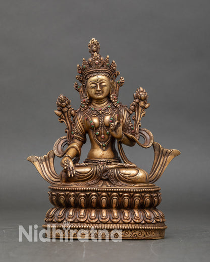 White Tara statue front view, handcrafted copper and bronze Patan Nepal sculpture