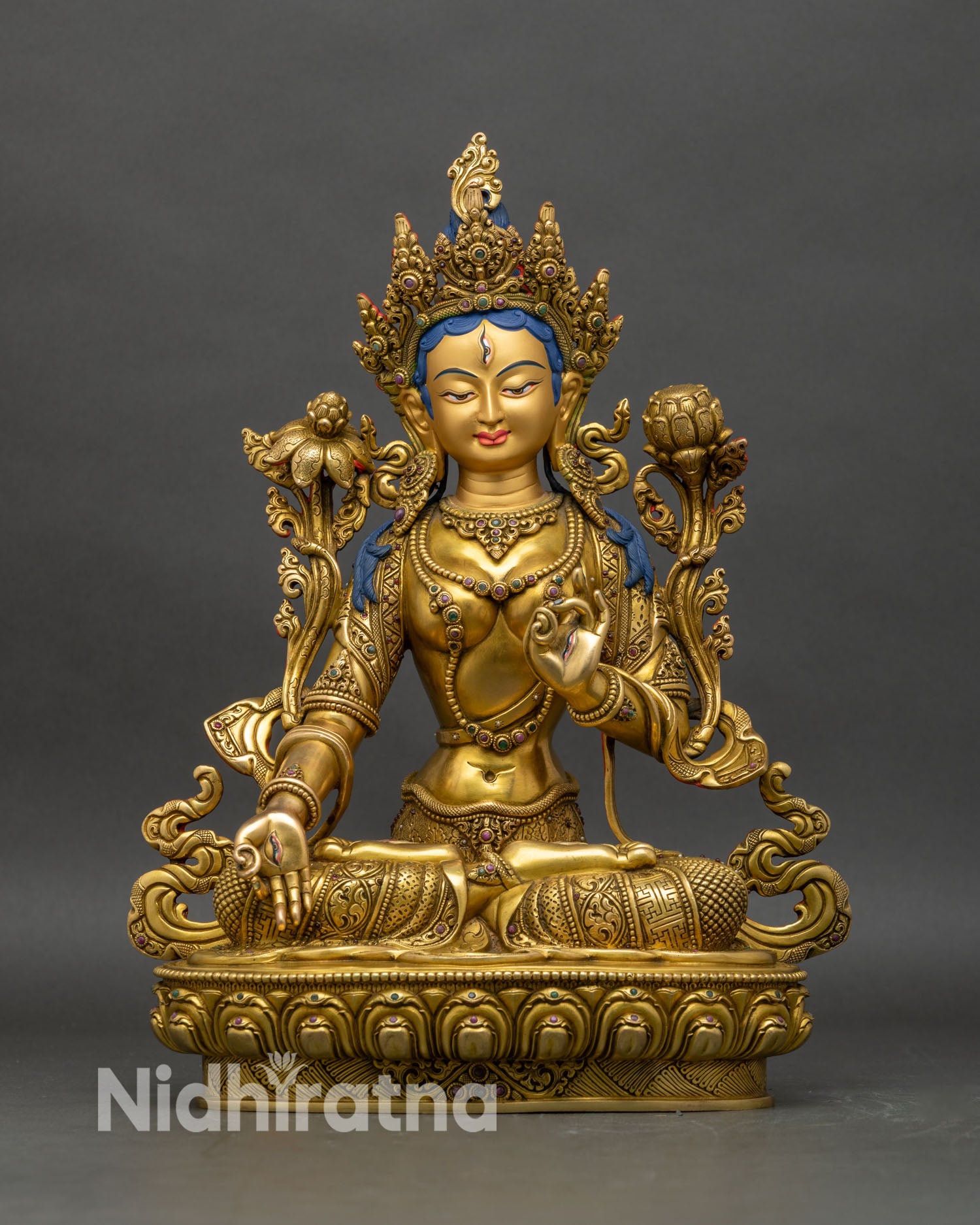 White Tara statue front view, copper and 24K gold fire-gilded on lotus pedestal