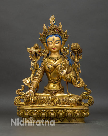 White Tara statue front view, copper and 24K gold fire-gilded on lotus pedestal