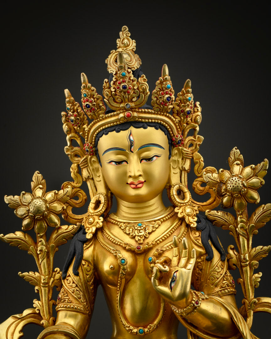 Female Buddha White Tara Statue | Gilded in Pure 24K Gold