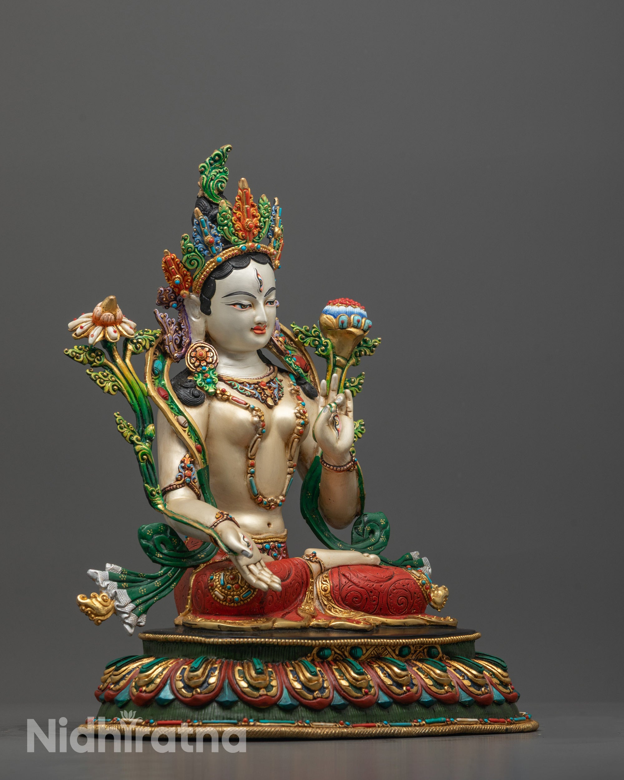Side View of Hand-Carved White Tara Statue with White Acrylic Body