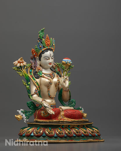 Side View of Hand-Carved White Tara Statue with White Acrylic Body