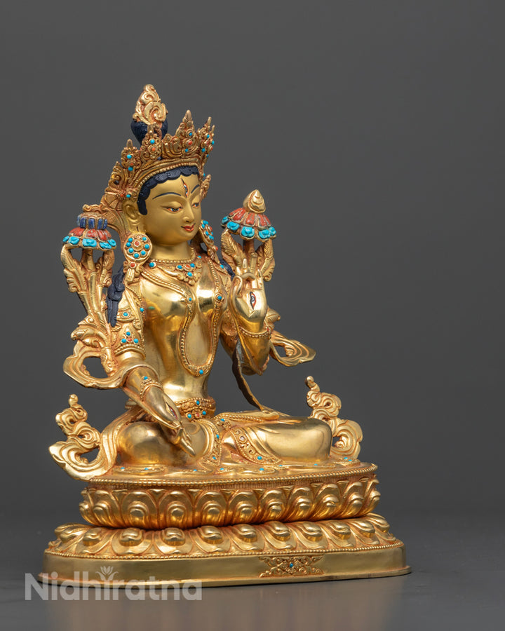 White Tara Statue | 24K Gold Gilded Himalayan Sculpture