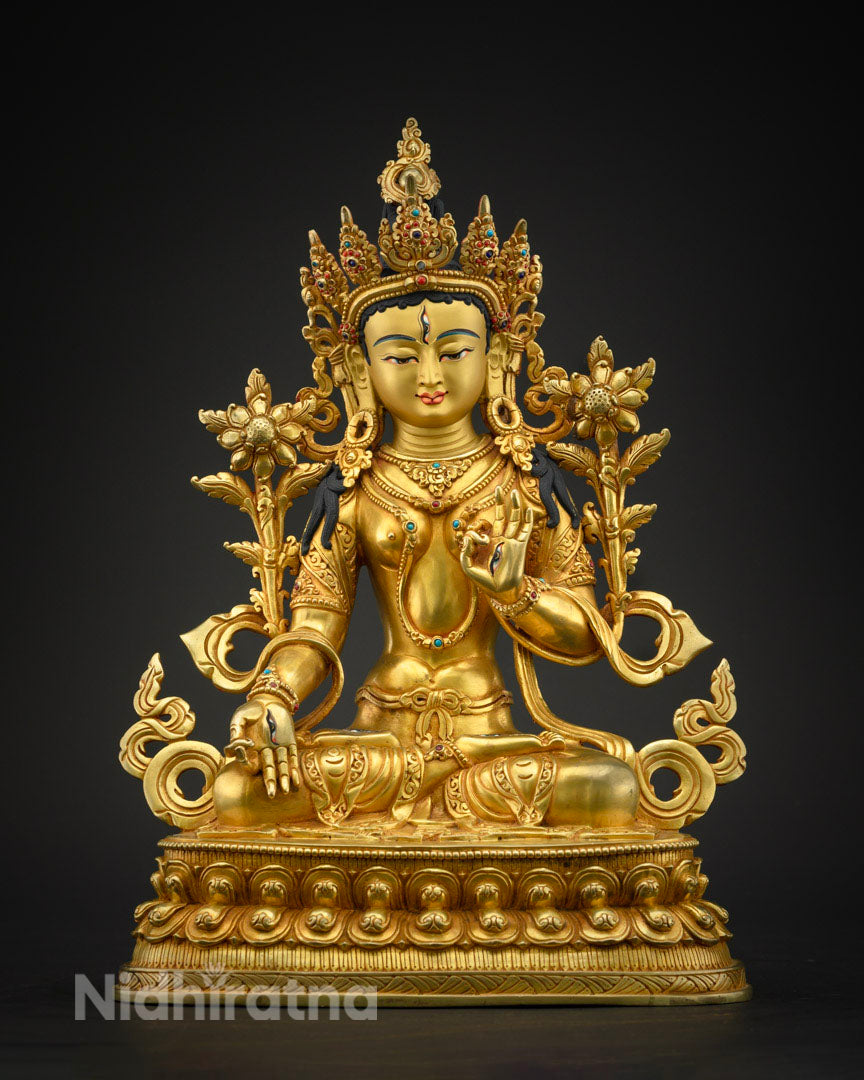 Female Buddha White Tara Statue | Gilded in Pure 24K Gold