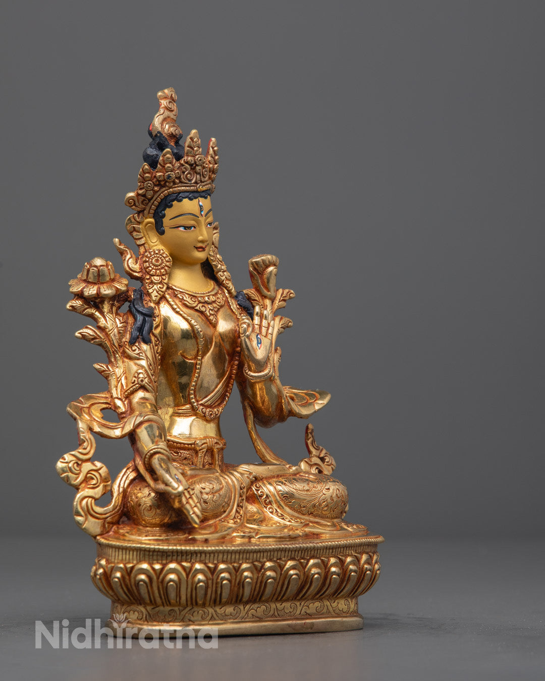 Handmade White Tara Buddhist Statue | 24k Fire-Gilded Gold