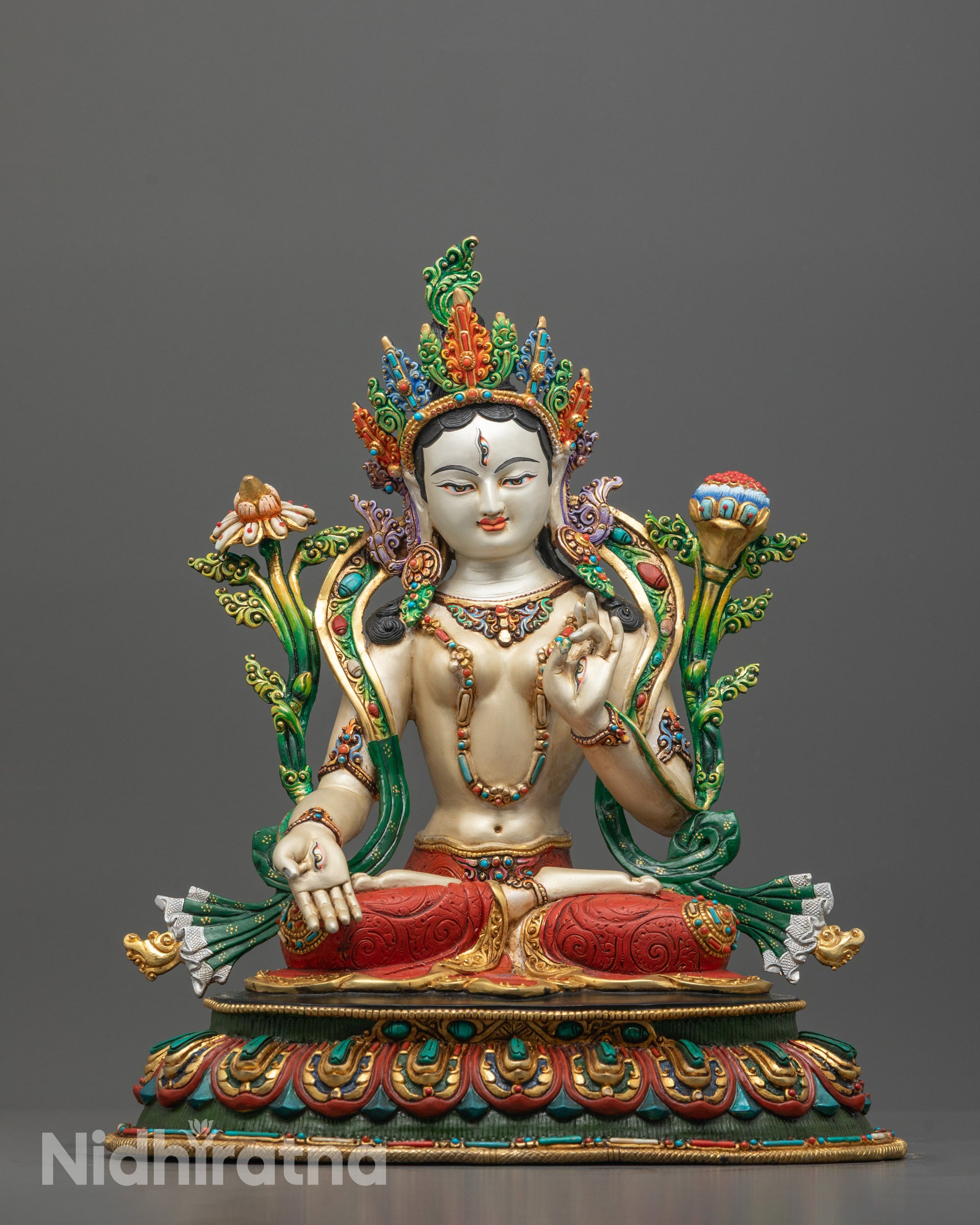 White Tara Statue Seated on Lotus with Seven Eyes and Jewel Crown