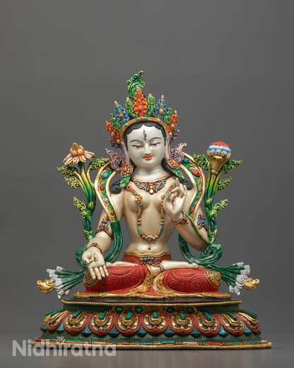 White Tara Statue Seated on Lotus with Seven Eyes and Jewel Crown