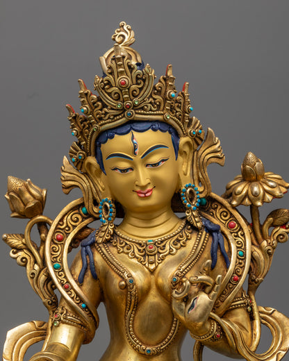 White Tara statue, showcasing intricate details of the serene face and compassionate expression, embodying divine protection and purity.