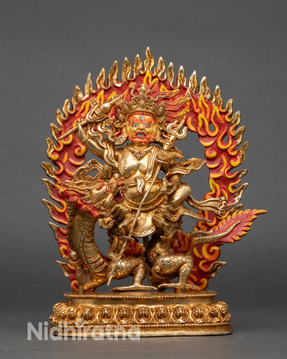 White Dzambhala Buddha statue seated on Dragon Kubera, gold fire-gilded, Nepalese art