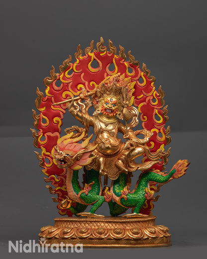 White Dzambhala Statue front view with gold gilded face and copper base
