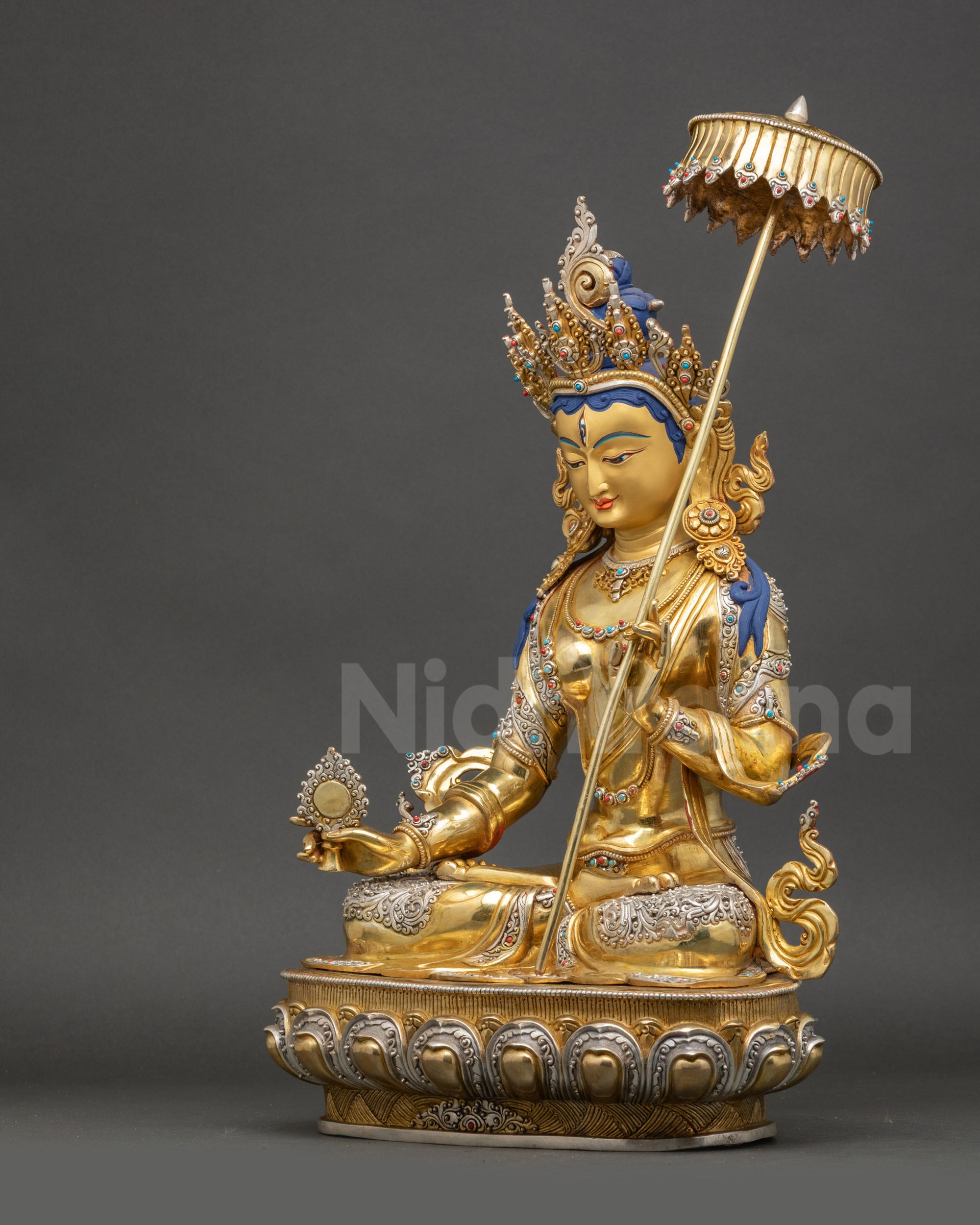 White Parasol Protector Dukkar left side lotus seat detailed carving