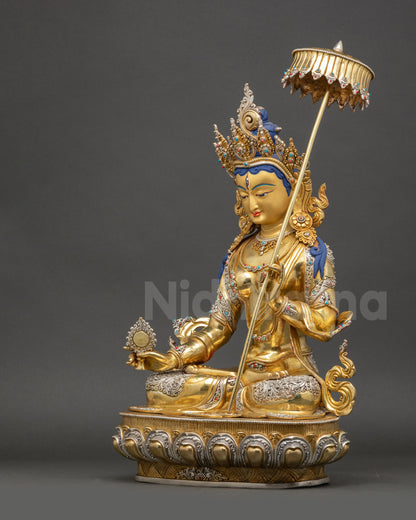 White Parasol Protector Dukkar left side lotus seat detailed carving