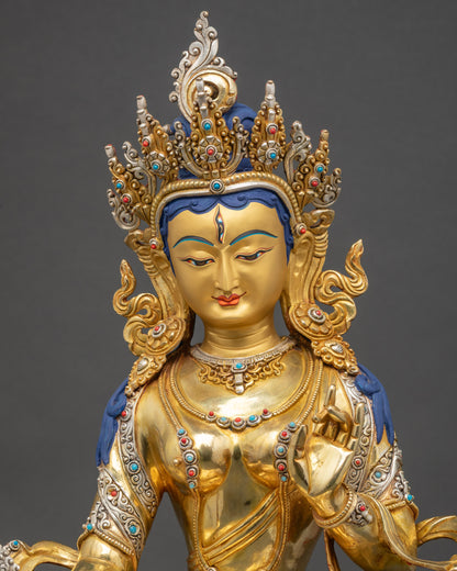 White Parasol Protector Dukkar statue detailed close up gold-gilded copper