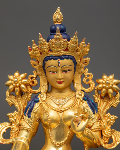 White Tara Buddhist goddess statue holding utpala flower with five-jeweled crown
