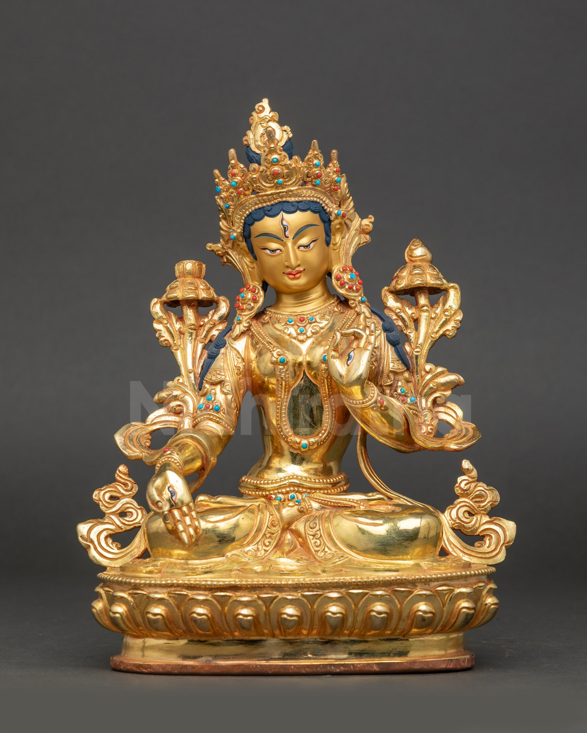 White Tara Drolkar statue front view copper with gold fire-gilding from Nepal
