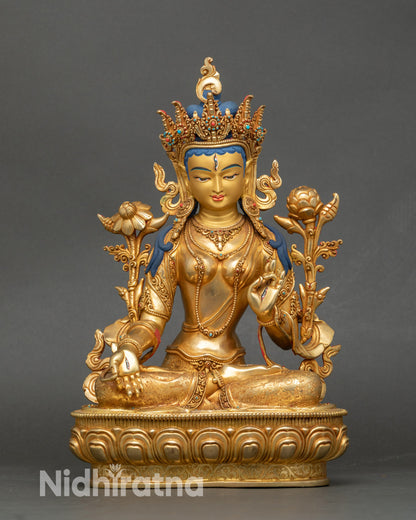 White Tara Drolma statue seated on lotus, handcrafted Nepalese copper with gold fire-gilding
