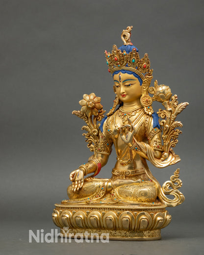 White Tara (Sgrol Dkar) meditation statue on lotus throne with all‑seeing seven eyes