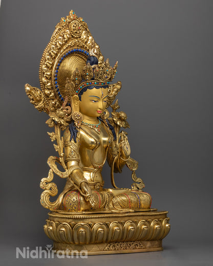 White Tara Statue – 24k Gold Gilded Copper Buddhist Goddess of Compassion and Longevity