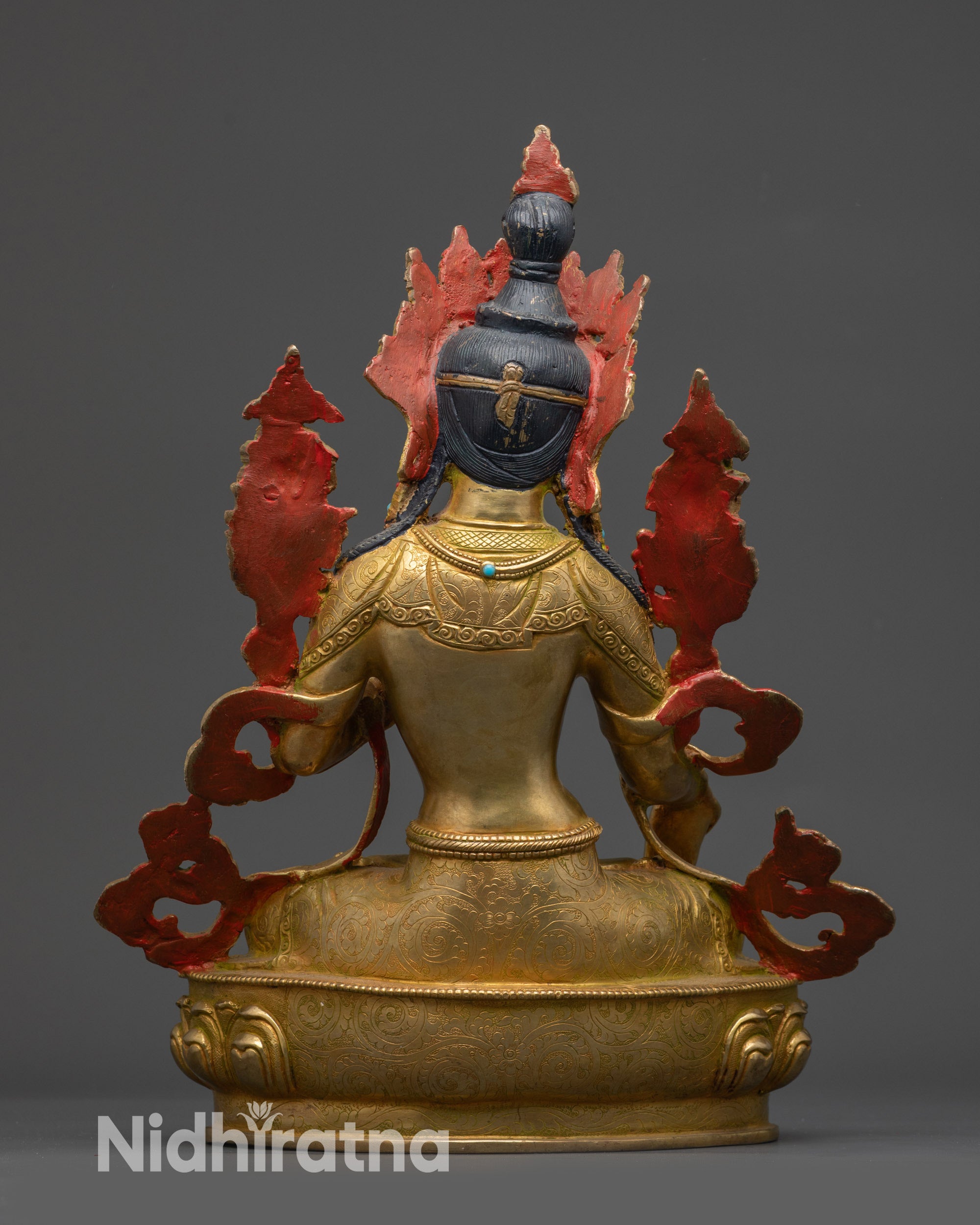 White Tara Statue back view showing lotus seat and gold-gilded copper craftsmanship