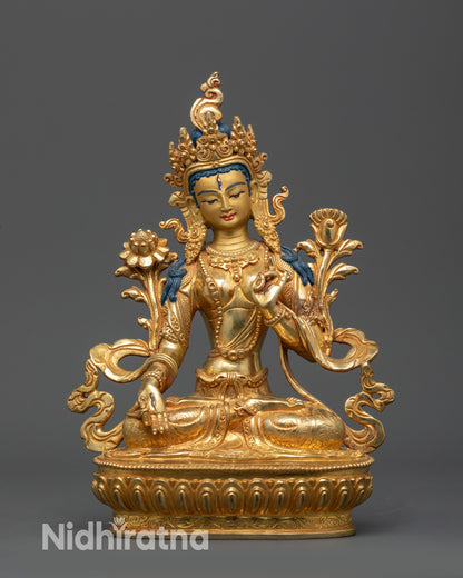 White Tara Statue front view gold fire-gilded copper handcrafted Nepalese sculpture
