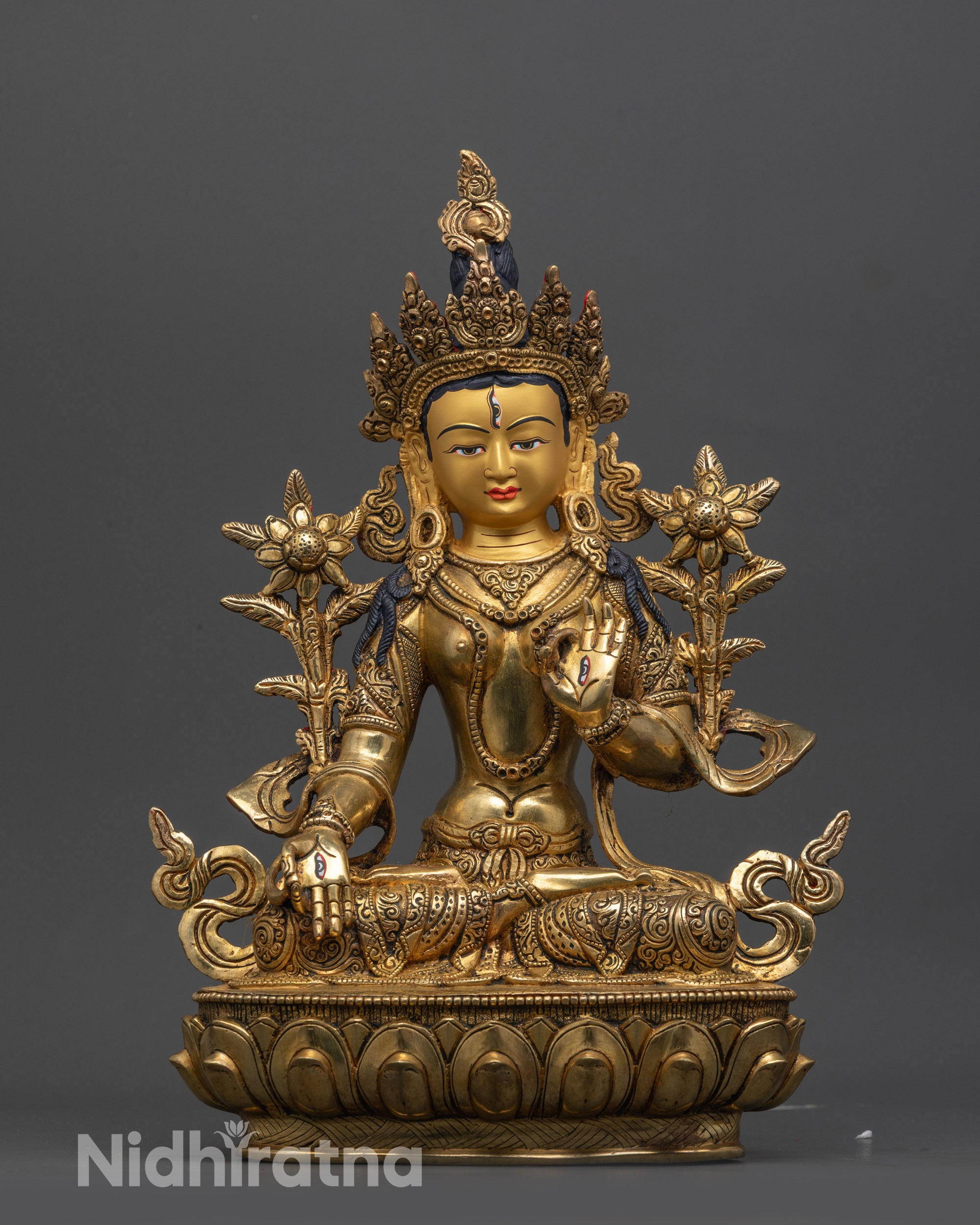 White Tara Statue front view showing copper base and 24k gold gilding details
