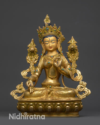 White Tara Statue front view with gold-gilded face and copper alloy base