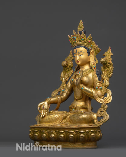White Tara Statue left side view with Varada and Vitarka mudras on display
