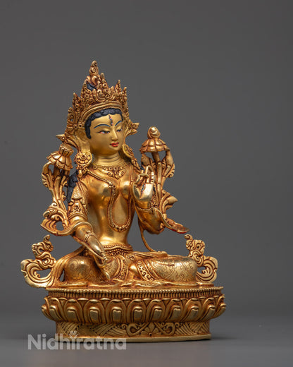 White Tara Statue placed in a meditation altar setting, symbolizing compassion