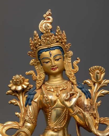 White Tara Statue regular close up lost-wax cast copper with semi-precious stones