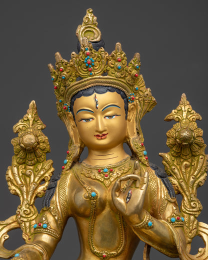 White Tara Statue regular close up showing serene expression and lotus seat