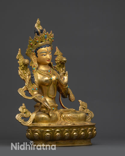 White Tara Statue right side view with utpala flower and lotus seat visible
