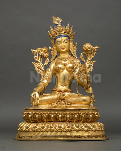White Tara Statue seated on double-lotus, handcrafted Nepalese Buddhist deity
