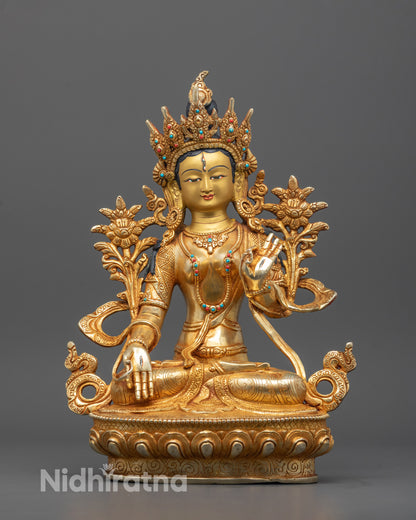 White Tara Statue seated on lotus in meditative posture with Seven Eyes